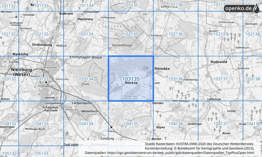 Übersichtskarte des KOSTRA-DWD-2020-Rasterfeldes Nr. 103135