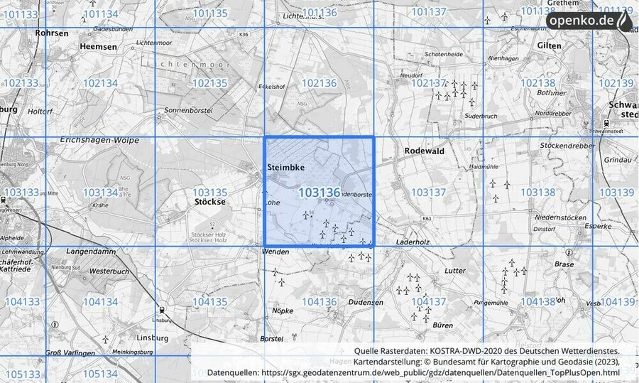 Übersichtskarte des KOSTRA-DWD-2020-Rasterfeldes Nr. 103136