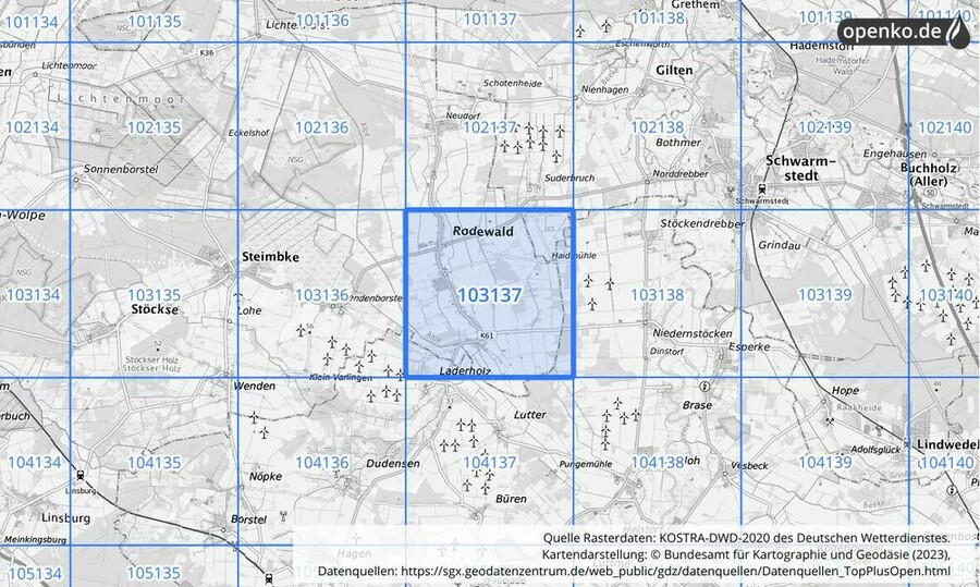Übersichtskarte des KOSTRA-DWD-2020-Rasterfeldes Nr. 103137