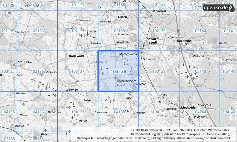 Übersichtskarte des KOSTRA-DWD-2020-Rasterfeldes Nr. 103138
