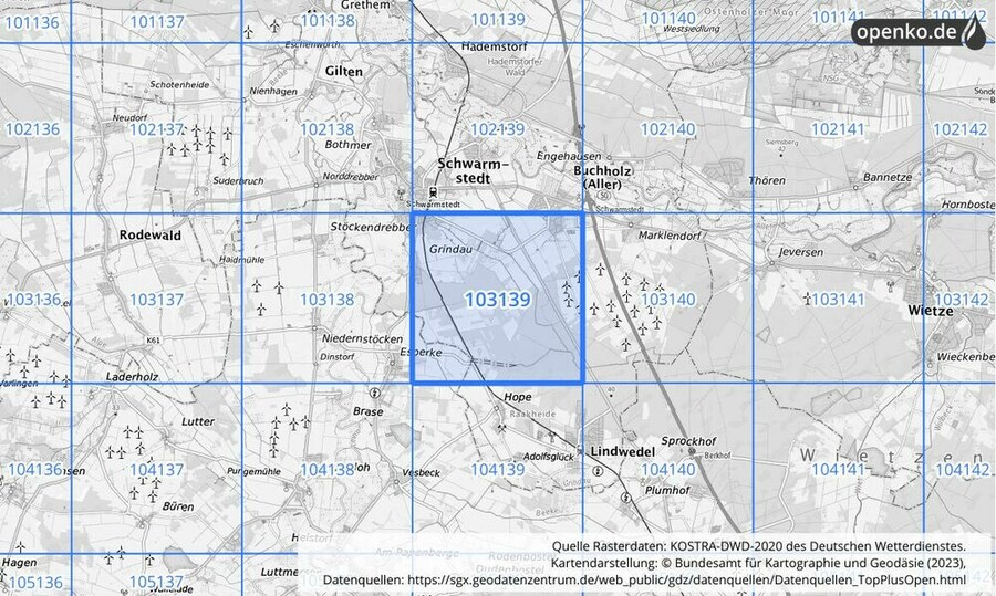 Übersichtskarte des KOSTRA-DWD-2020-Rasterfeldes Nr. 103139