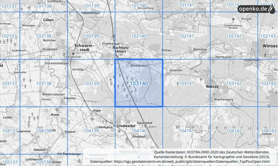 Übersichtskarte des KOSTRA-DWD-2020-Rasterfeldes Nr. 103140