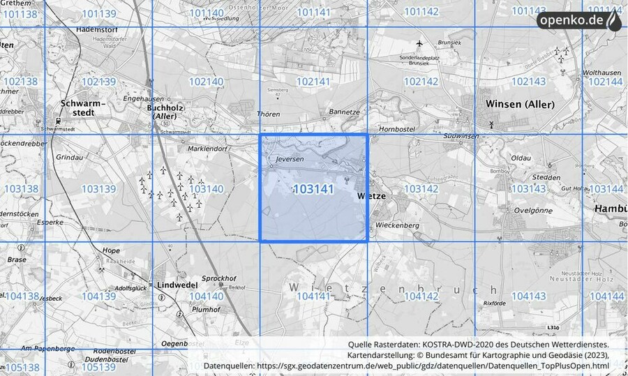 Übersichtskarte des KOSTRA-DWD-2020-Rasterfeldes Nr. 103141