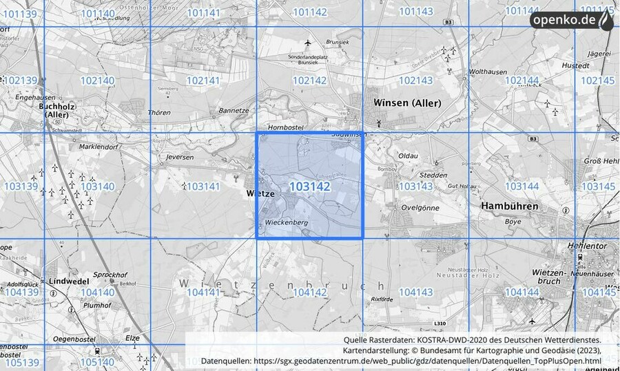 Übersichtskarte des KOSTRA-DWD-2020-Rasterfeldes Nr. 103142