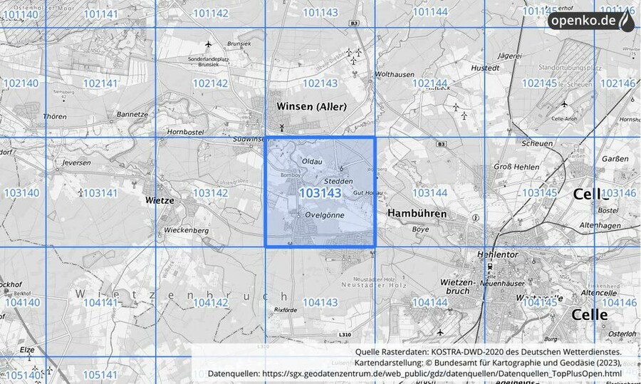 Übersichtskarte des KOSTRA-DWD-2020-Rasterfeldes Nr. 103143