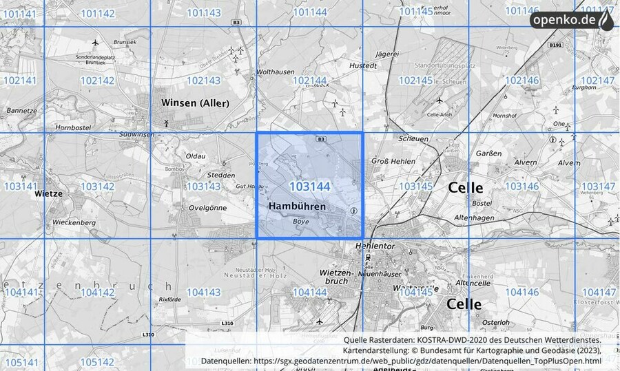 Übersichtskarte des KOSTRA-DWD-2020-Rasterfeldes Nr. 103144