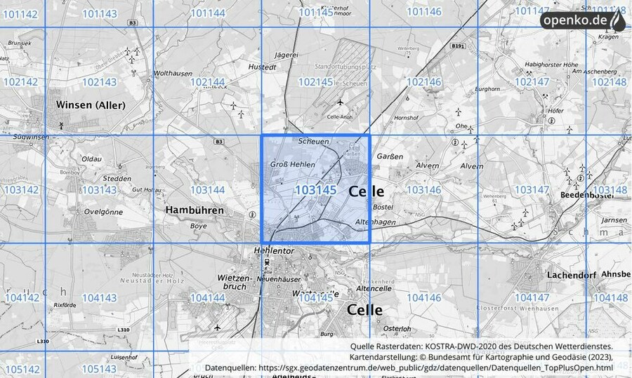 Übersichtskarte des KOSTRA-DWD-2020-Rasterfeldes Nr. 103145