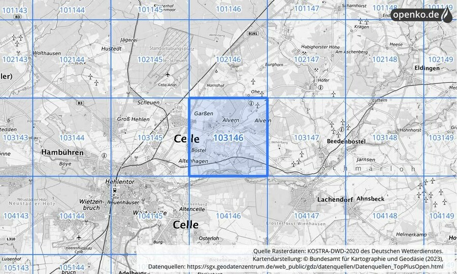 Übersichtskarte des KOSTRA-DWD-2020-Rasterfeldes Nr. 103146