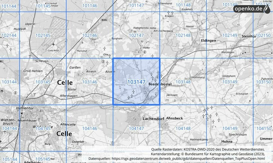 Übersichtskarte des KOSTRA-DWD-2020-Rasterfeldes Nr. 103147