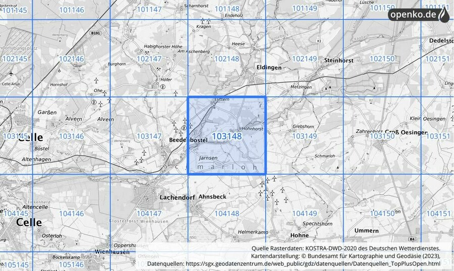 Übersichtskarte des KOSTRA-DWD-2020-Rasterfeldes Nr. 103148