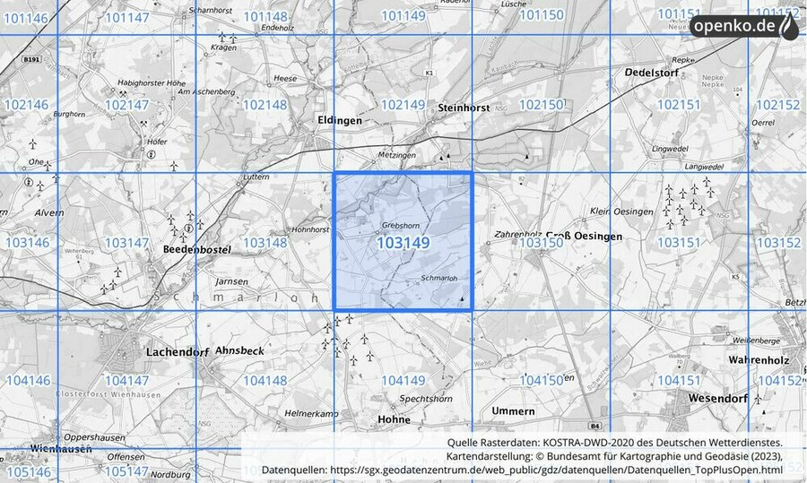 Übersichtskarte des KOSTRA-DWD-2020-Rasterfeldes Nr. 103149