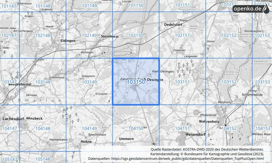 Übersichtskarte des KOSTRA-DWD-2020-Rasterfeldes Nr. 103150