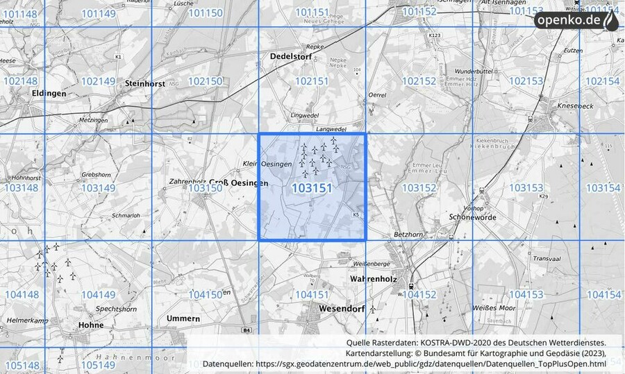 Übersichtskarte des KOSTRA-DWD-2020-Rasterfeldes Nr. 103151