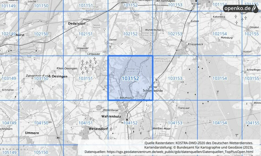 Übersichtskarte des KOSTRA-DWD-2020-Rasterfeldes Nr. 103152