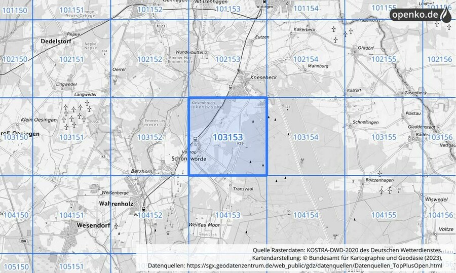 Übersichtskarte des KOSTRA-DWD-2020-Rasterfeldes Nr. 103153