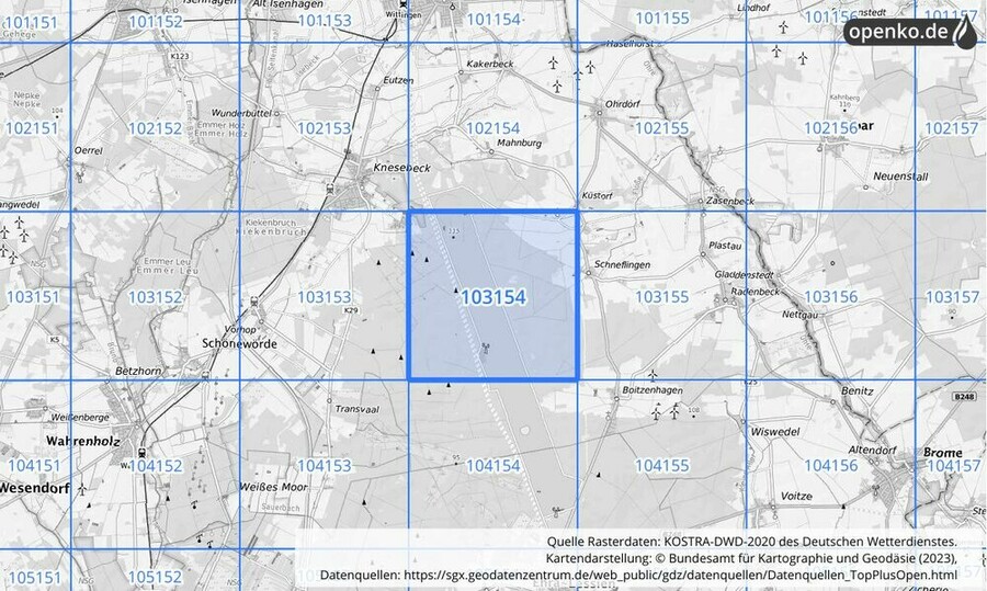 Übersichtskarte des KOSTRA-DWD-2020-Rasterfeldes Nr. 103154