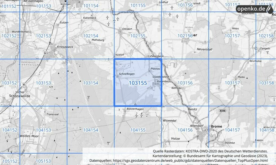 Übersichtskarte des KOSTRA-DWD-2020-Rasterfeldes Nr. 103155