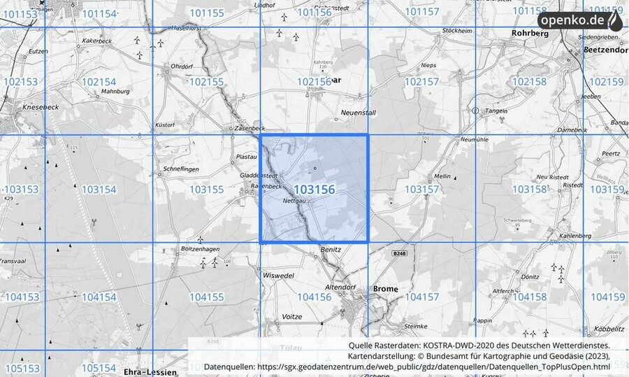 Übersichtskarte des KOSTRA-DWD-2020-Rasterfeldes Nr. 103156