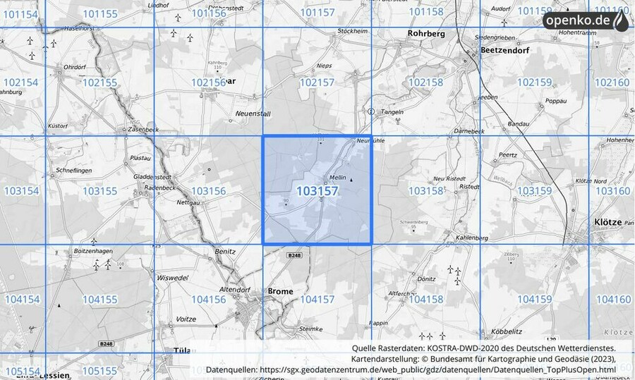 Übersichtskarte des KOSTRA-DWD-2020-Rasterfeldes Nr. 103157