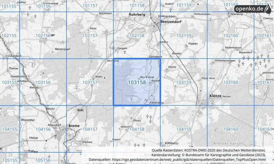 Übersichtskarte des KOSTRA-DWD-2020-Rasterfeldes Nr. 103158