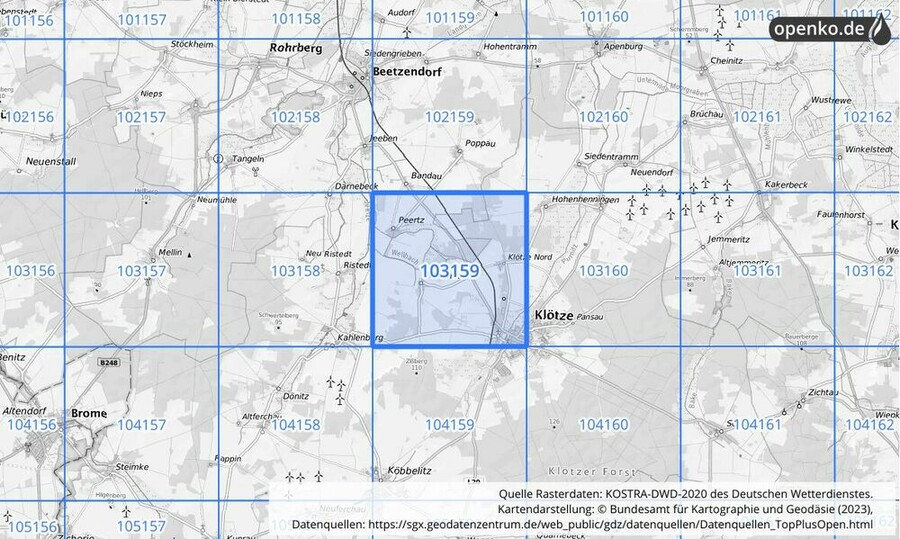 Übersichtskarte des KOSTRA-DWD-2020-Rasterfeldes Nr. 103159