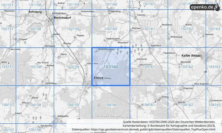 Übersichtskarte des KOSTRA-DWD-2020-Rasterfeldes Nr. 103160