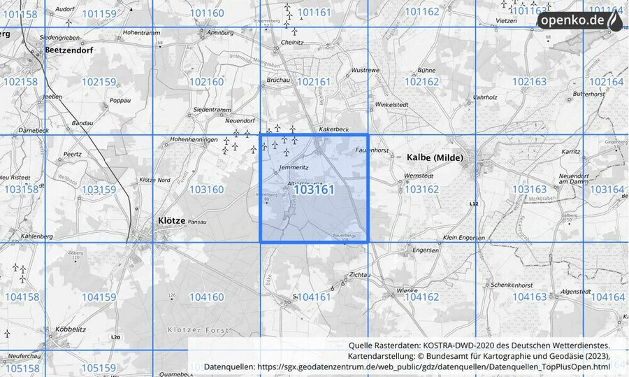 Übersichtskarte des KOSTRA-DWD-2020-Rasterfeldes Nr. 103161