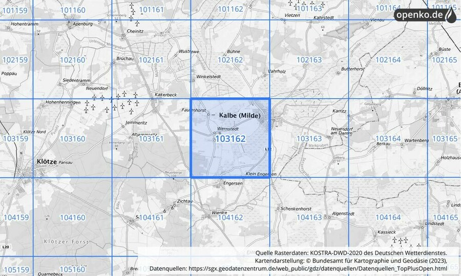 Übersichtskarte des KOSTRA-DWD-2020-Rasterfeldes Nr. 103162