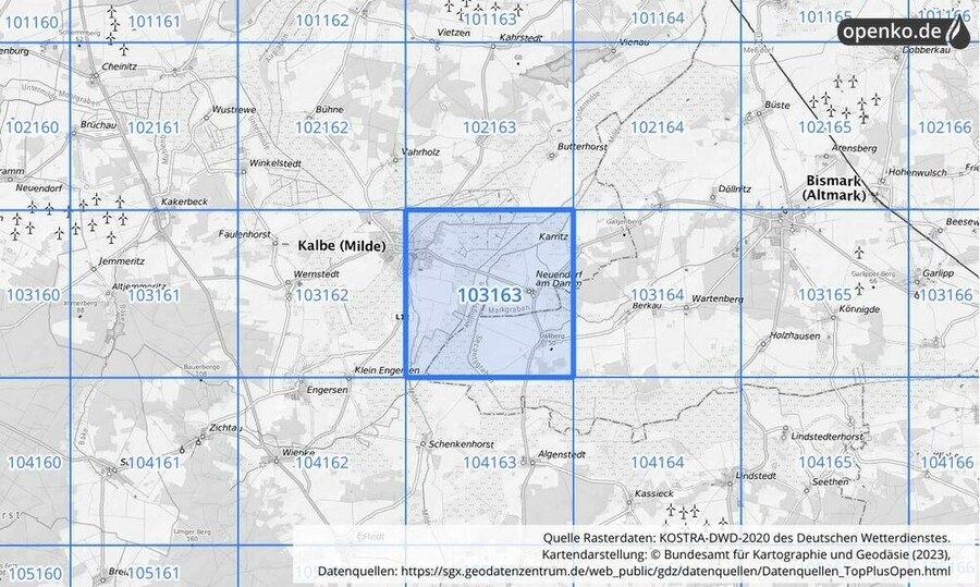 Übersichtskarte des KOSTRA-DWD-2020-Rasterfeldes Nr. 103163