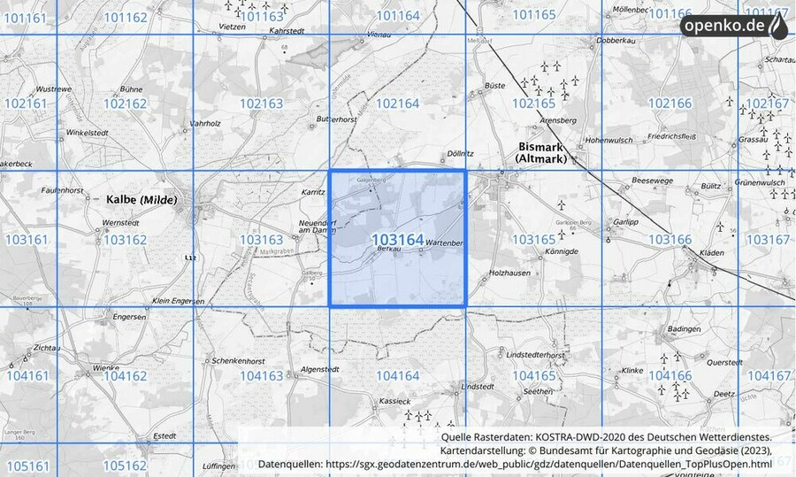 Übersichtskarte des KOSTRA-DWD-2020-Rasterfeldes Nr. 103164