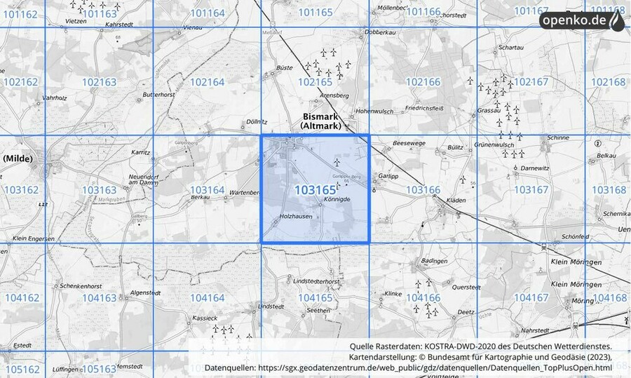 Übersichtskarte des KOSTRA-DWD-2020-Rasterfeldes Nr. 103165