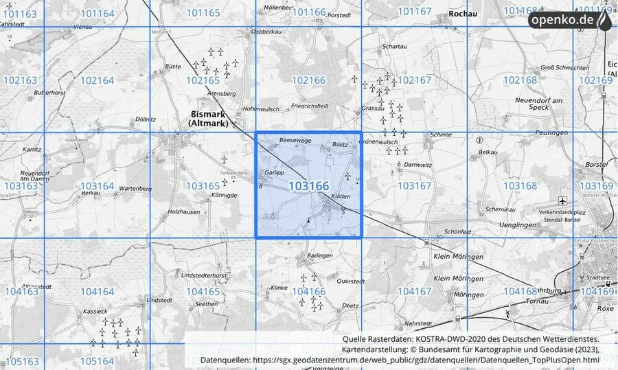 Übersichtskarte des KOSTRA-DWD-2020-Rasterfeldes Nr. 103166