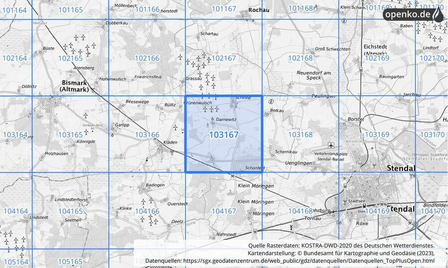 Übersichtskarte des KOSTRA-DWD-2020-Rasterfeldes Nr. 103167