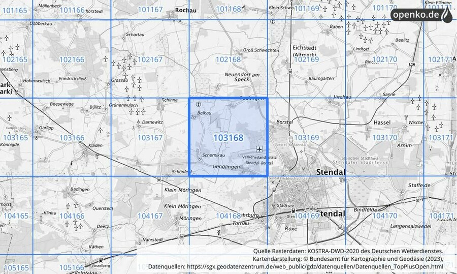 Übersichtskarte des KOSTRA-DWD-2020-Rasterfeldes Nr. 103168