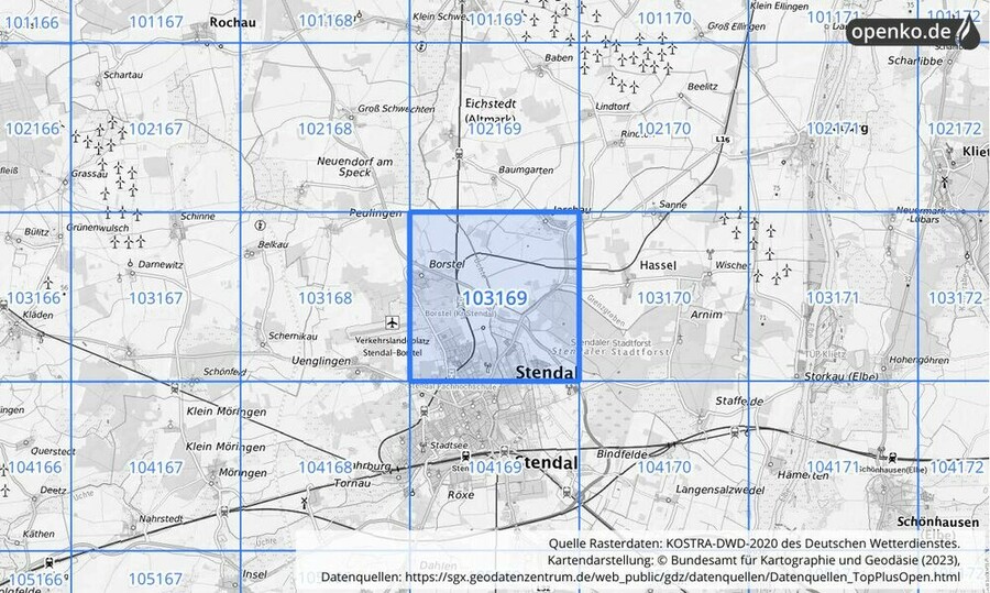 Übersichtskarte des KOSTRA-DWD-2020-Rasterfeldes Nr. 103169