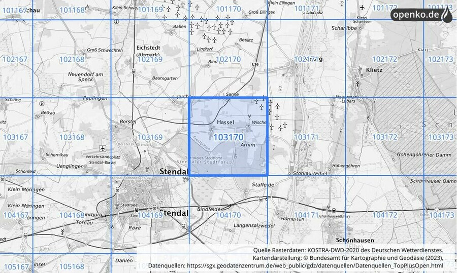 Übersichtskarte des KOSTRA-DWD-2020-Rasterfeldes Nr. 103170