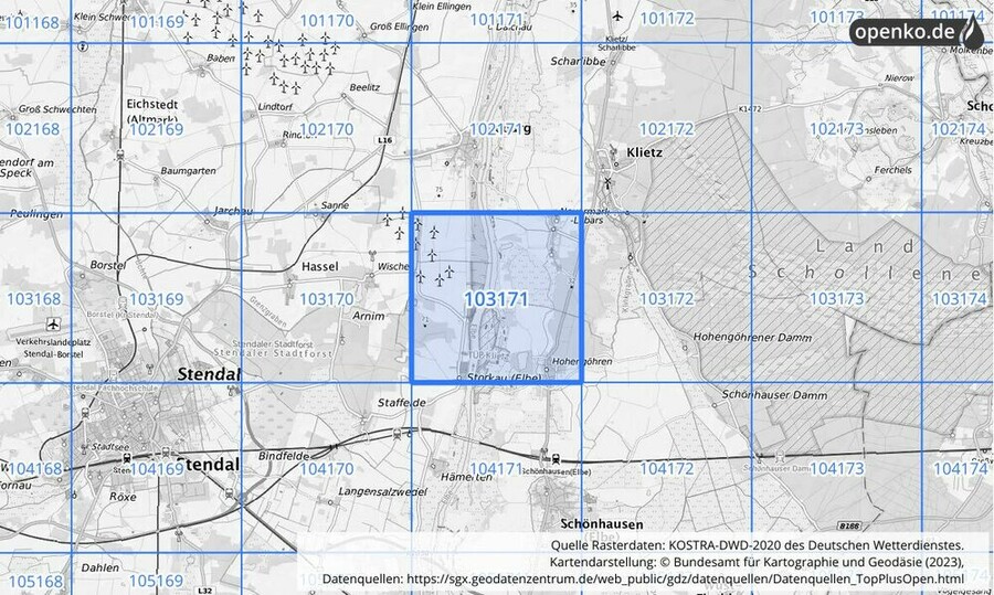 Übersichtskarte des KOSTRA-DWD-2020-Rasterfeldes Nr. 103171