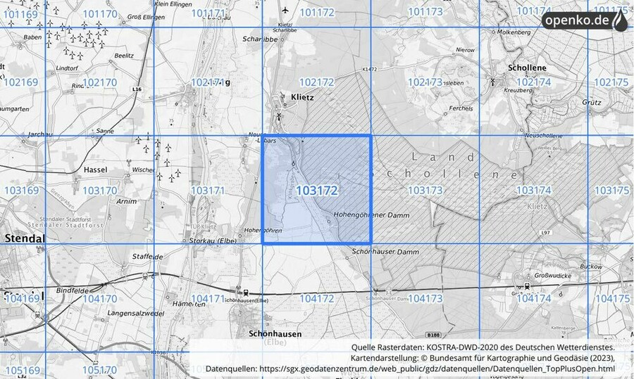 Übersichtskarte des KOSTRA-DWD-2020-Rasterfeldes Nr. 103172