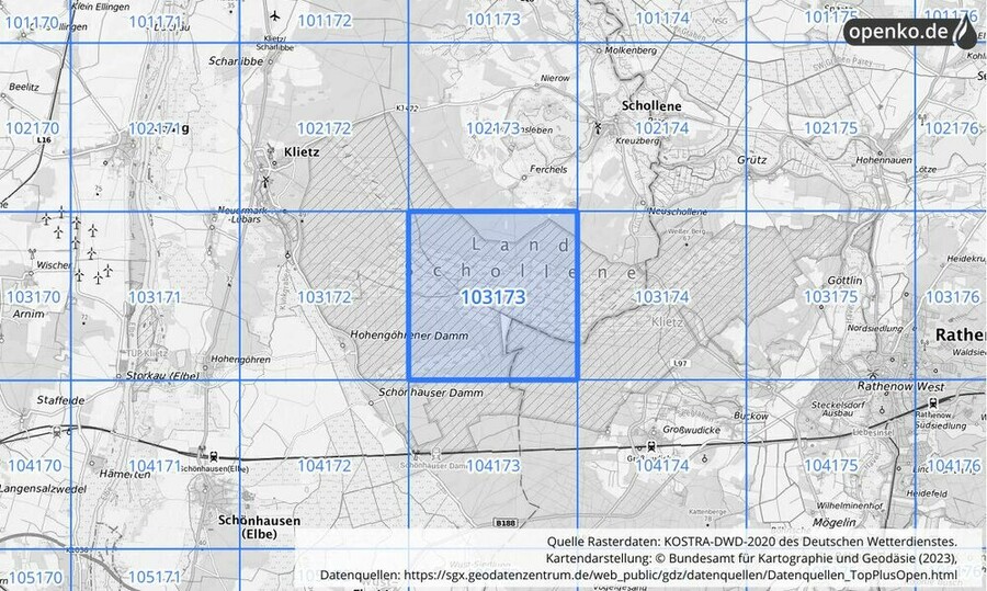 Übersichtskarte des KOSTRA-DWD-2020-Rasterfeldes Nr. 103173