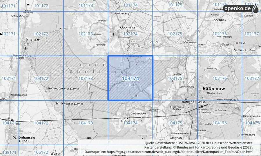 Übersichtskarte des KOSTRA-DWD-2020-Rasterfeldes Nr. 103174