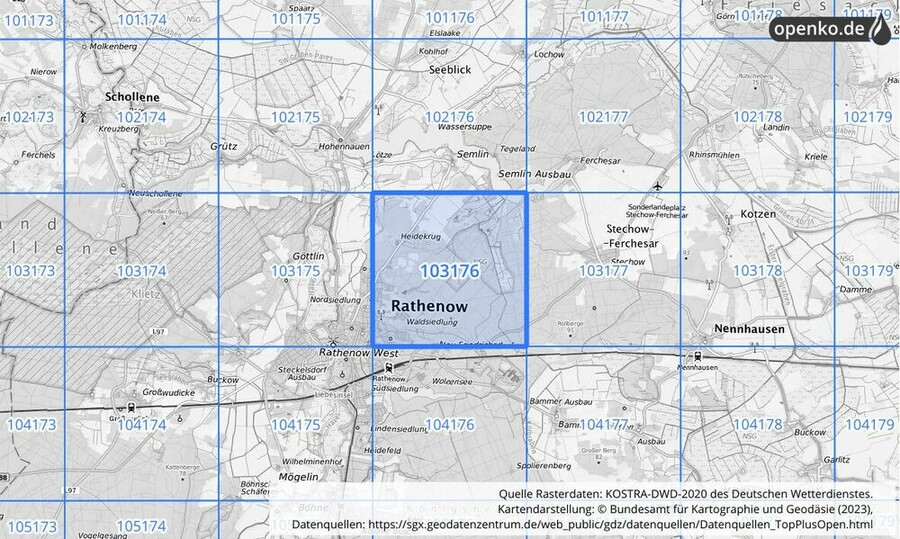 Übersichtskarte des KOSTRA-DWD-2020-Rasterfeldes Nr. 103176