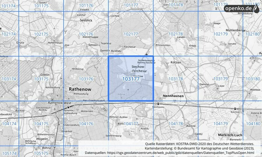 Übersichtskarte des KOSTRA-DWD-2020-Rasterfeldes Nr. 103177