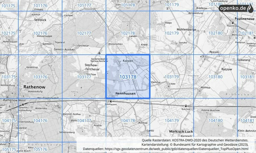 Übersichtskarte des KOSTRA-DWD-2020-Rasterfeldes Nr. 103178