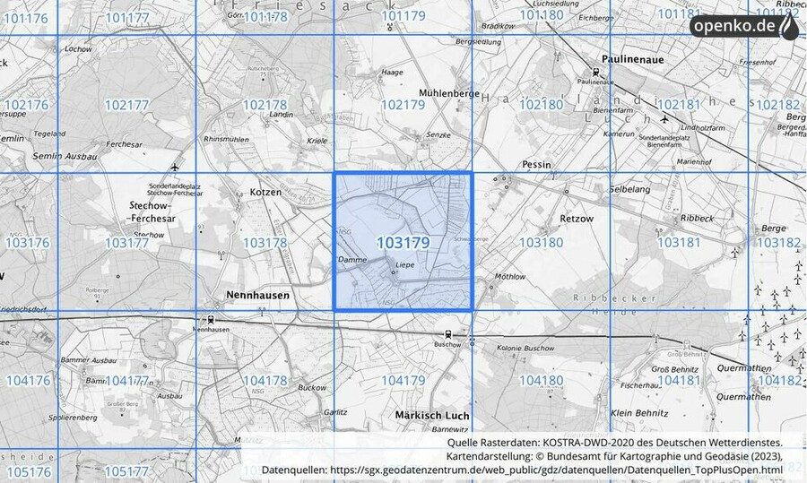 Übersichtskarte des KOSTRA-DWD-2020-Rasterfeldes Nr. 103179