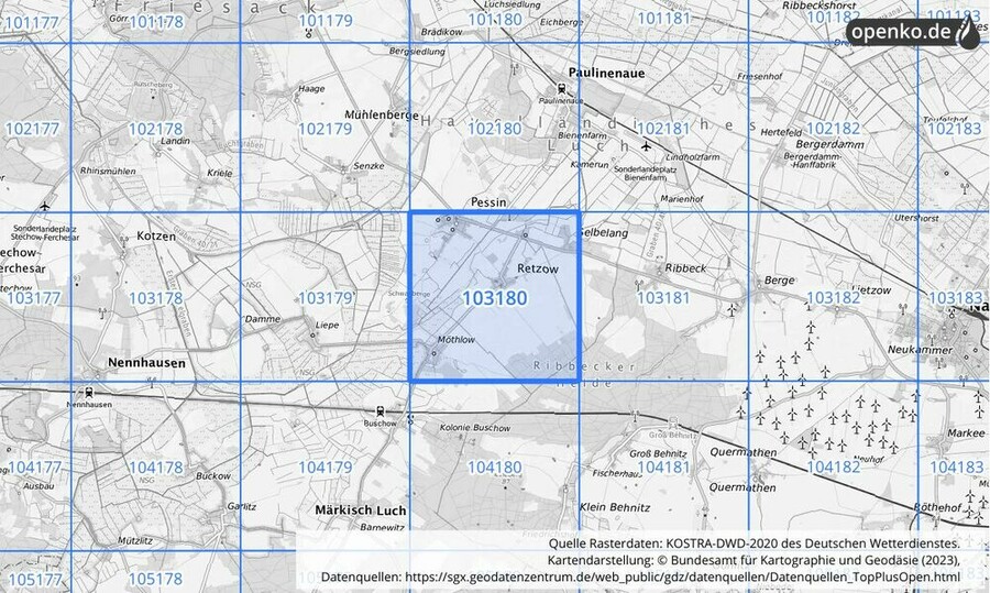 Übersichtskarte des KOSTRA-DWD-2020-Rasterfeldes Nr. 103180