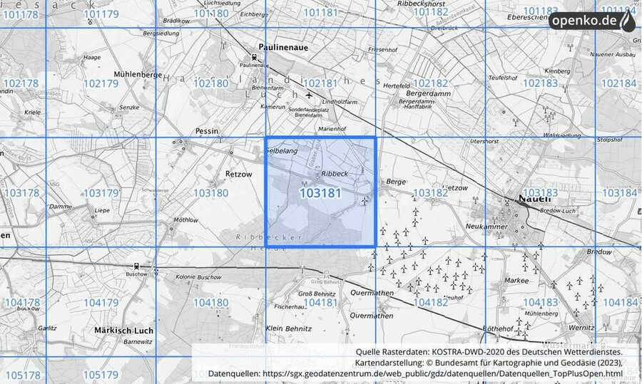 Übersichtskarte des KOSTRA-DWD-2020-Rasterfeldes Nr. 103181