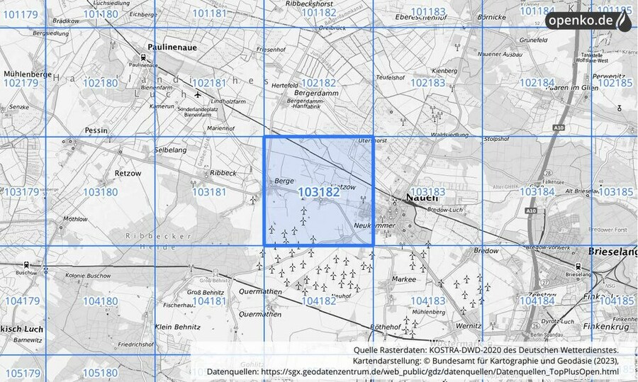 Übersichtskarte des KOSTRA-DWD-2020-Rasterfeldes Nr. 103182