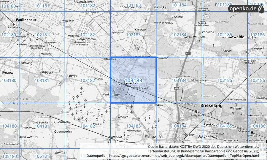 Übersichtskarte des KOSTRA-DWD-2020-Rasterfeldes Nr. 103183