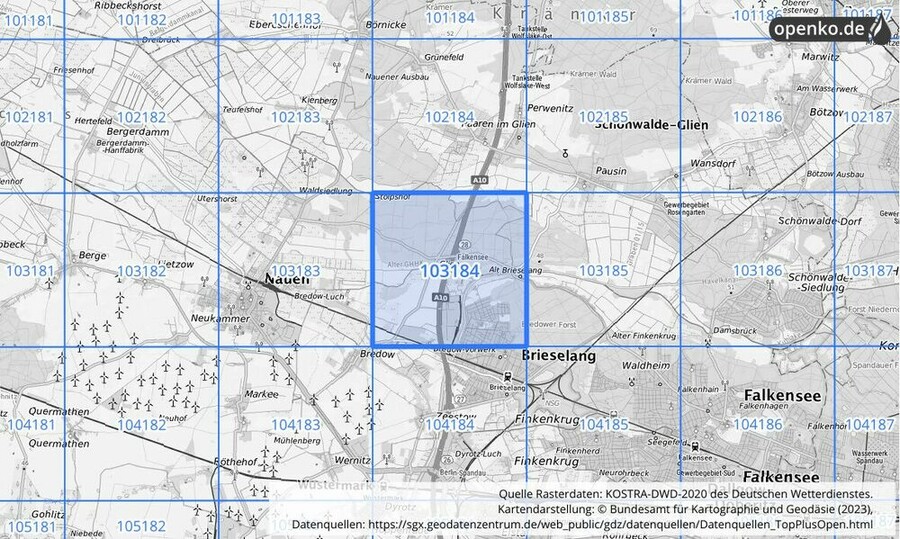 Übersichtskarte des KOSTRA-DWD-2020-Rasterfeldes Nr. 103184