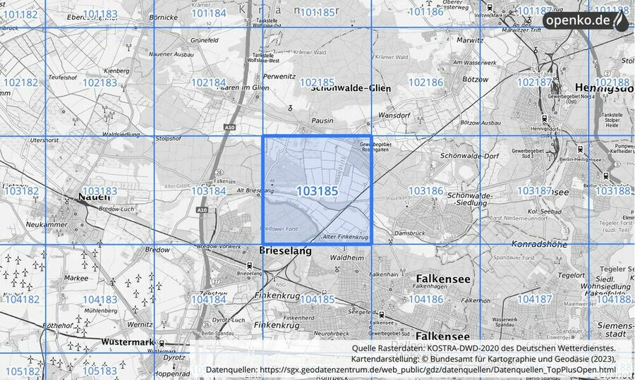 Übersichtskarte des KOSTRA-DWD-2020-Rasterfeldes Nr. 103185